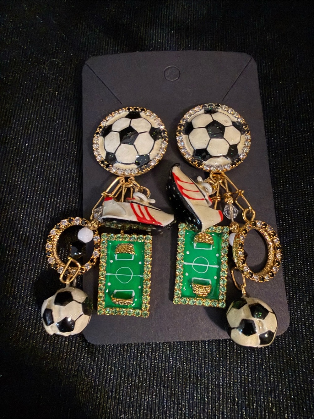 Lunch at the Ritz Soccer Field & Ball Dangle Earrings in Black, White, Green